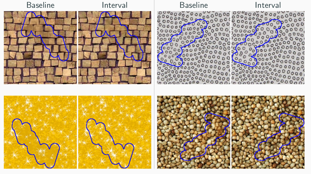 Inpainting results - baseline vs interval training on 2D textures